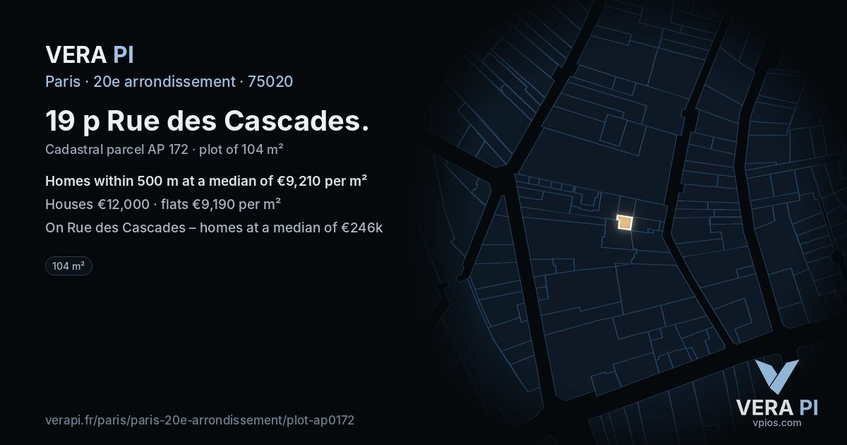 19 p Rue des Cascades, 20e arrondissement at night – the plot lit, the parcels around coloured by the prices near them