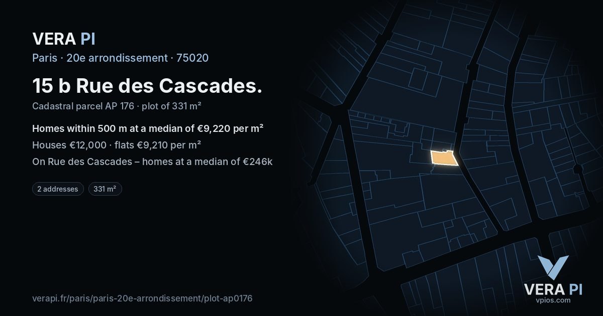 15 b Rue des Cascades, 20e arrondissement at night – the plot lit, the parcels around coloured by the prices near them