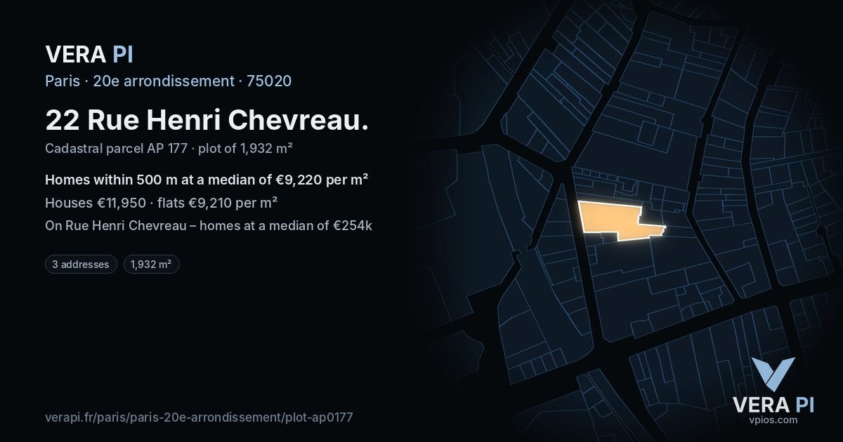 22 Rue Henri Chevreau, 20e arrondissement at night – the plot lit, the parcels around coloured by the prices near them