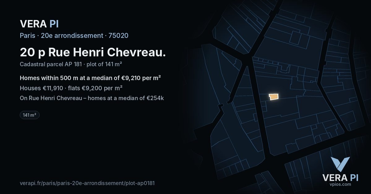 20 p Rue Henri Chevreau, 20e arrondissement at night – the plot lit, the parcels around coloured by the prices near them