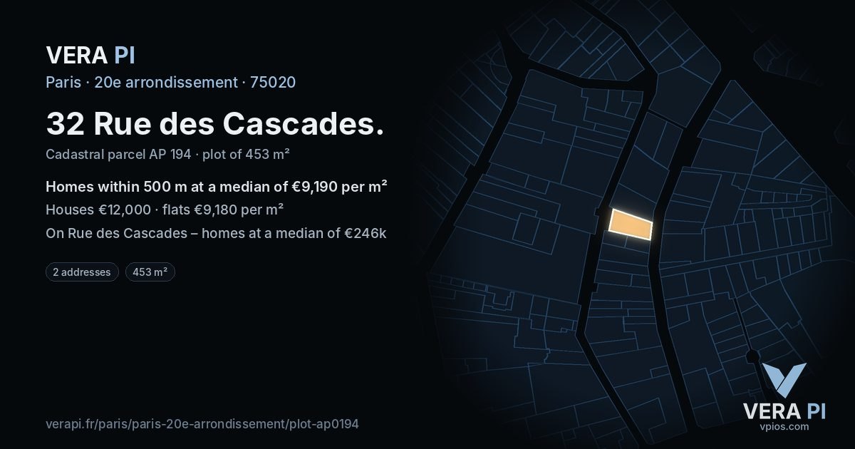 32 Rue des Cascades, 20e arrondissement at night – the plot lit, the parcels around coloured by the prices near them
