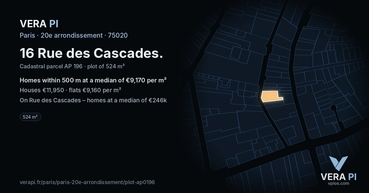 16 Rue des Cascades, 20e arrondissement at night – the plot lit, the parcels around coloured by the prices near them