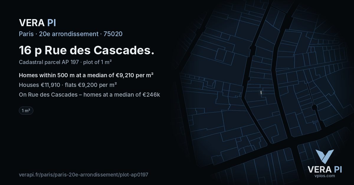 16 p Rue des Cascades, 20e arrondissement at night – the plot lit, the parcels around coloured by the prices near them