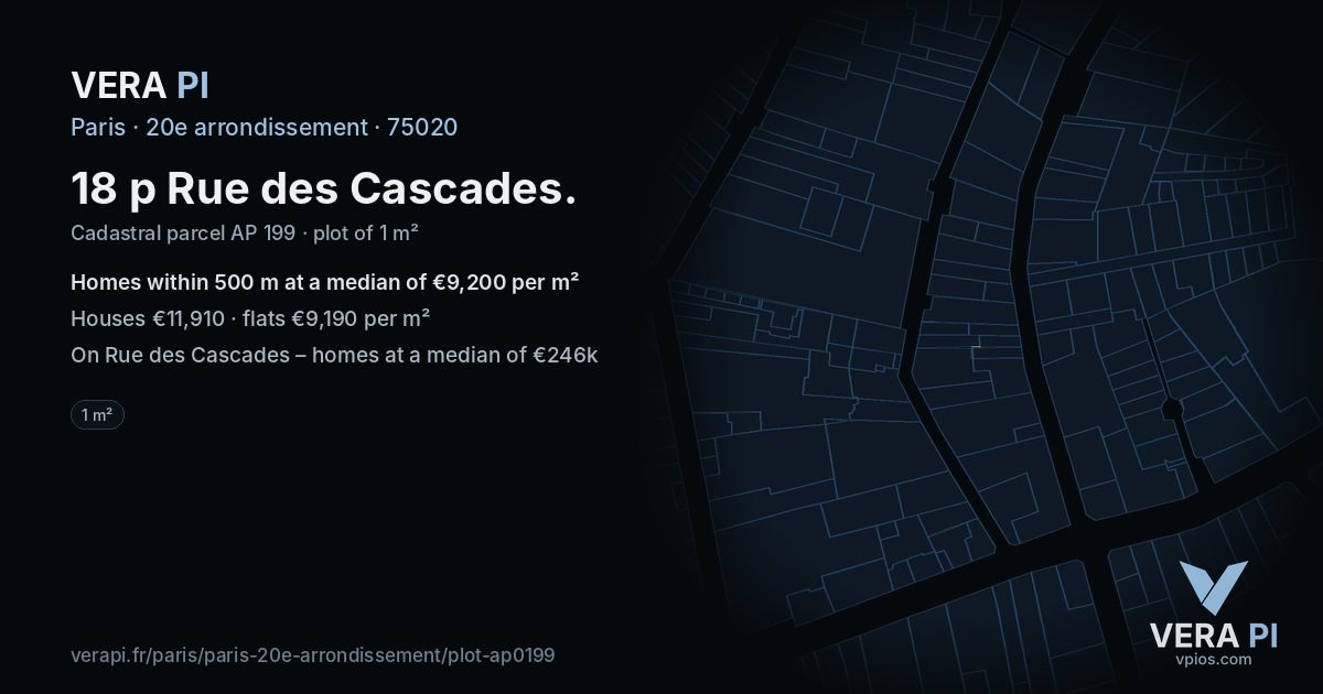 18 p Rue des Cascades, 20e arrondissement at night – the plot lit, the parcels around coloured by the prices near them