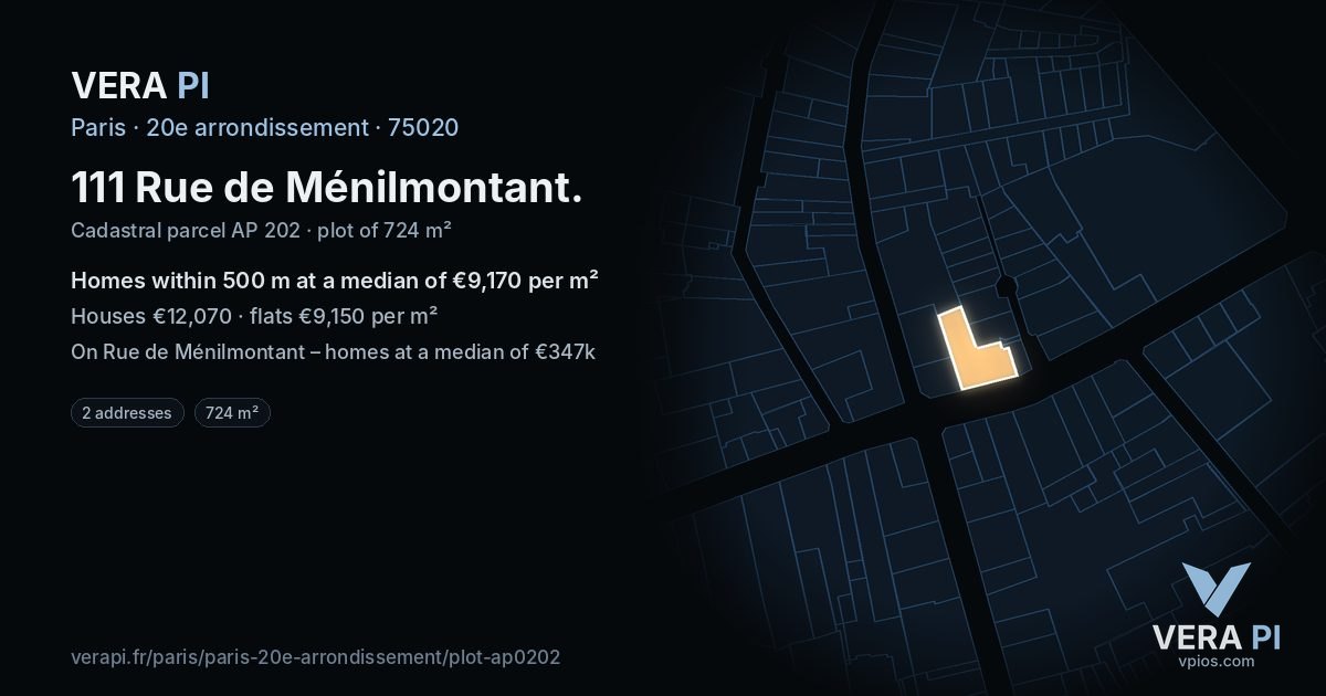 111 Rue de Ménilmontant, 20e arrondissement at night – the plot lit, the parcels around coloured by the prices near them