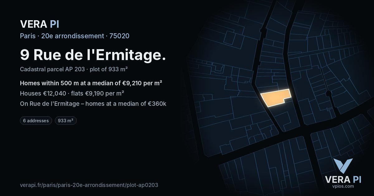 9 Rue de l'Ermitage, 20e arrondissement at night – the plot lit, the parcels around coloured by the prices near them