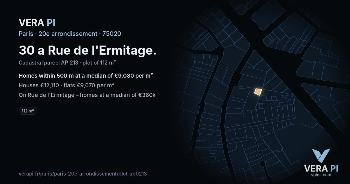 30 a Rue de l'Ermitage, 20e arrondissement at night – the plot lit, the parcels around coloured by the prices near them