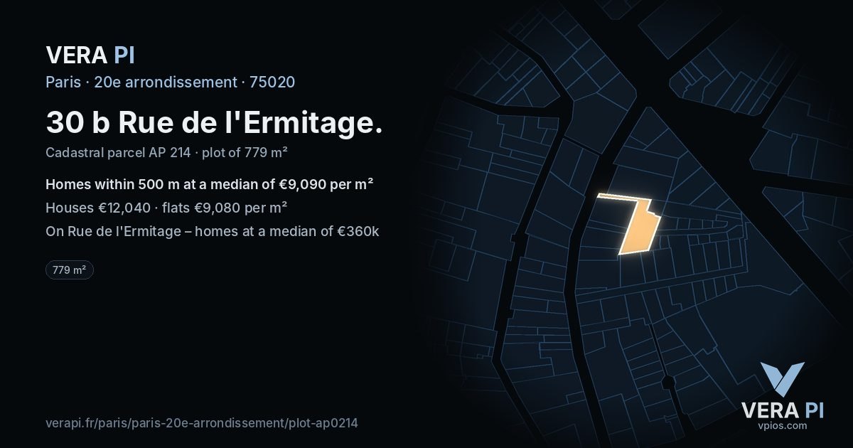 30 b Rue de l'Ermitage, 20e arrondissement at night – the plot lit, the parcels around coloured by the prices near them