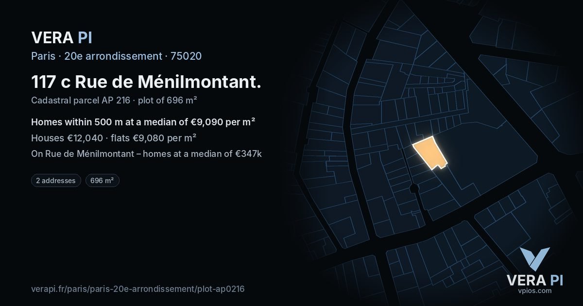 117 c Rue de Ménilmontant, 20e arrondissement at night – the plot lit, the parcels around coloured by the prices near them