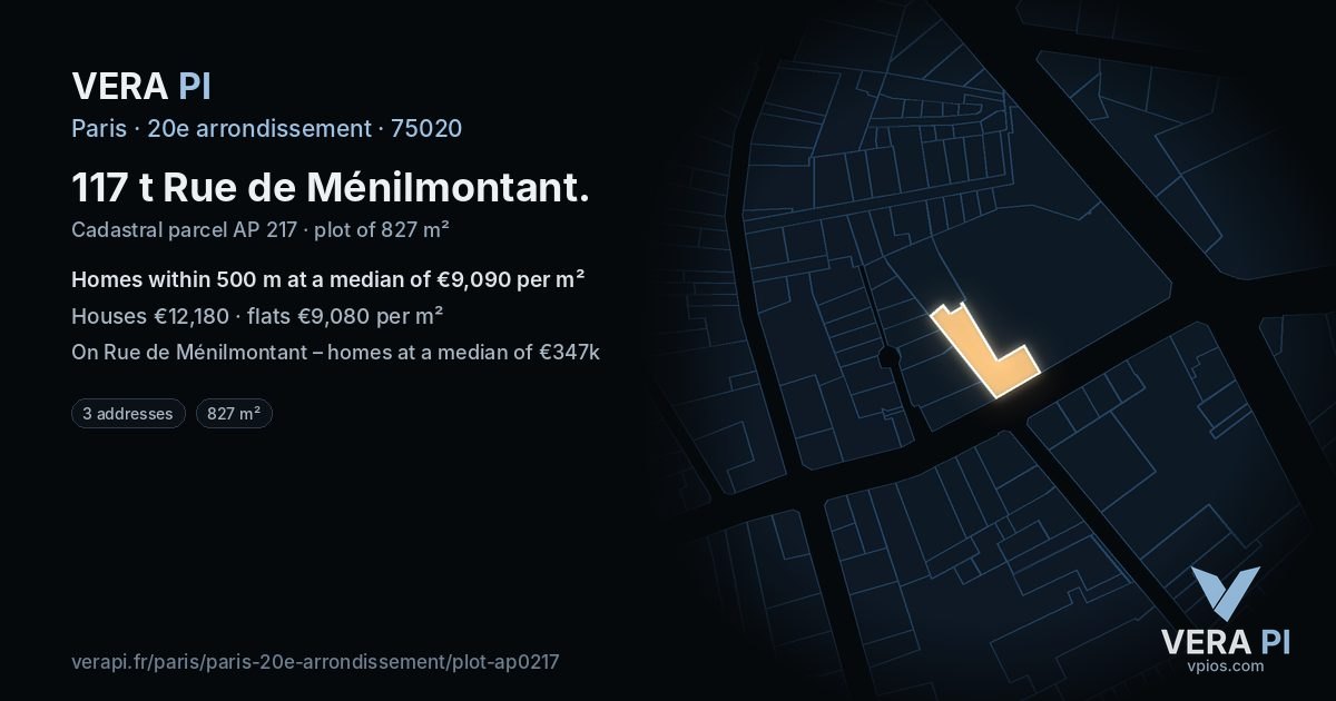 117 t Rue de Ménilmontant, 20e arrondissement at night – the plot lit, the parcels around coloured by the prices near them