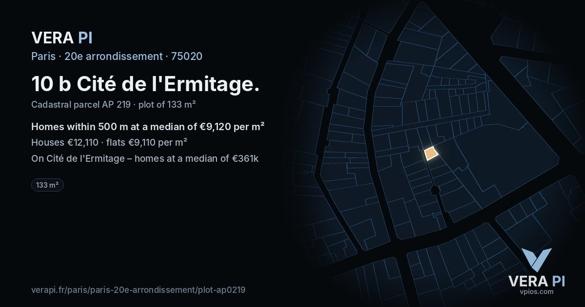 10 b Cité de l'Ermitage, 20e arrondissement at night – the plot lit, the parcels around coloured by the prices near them