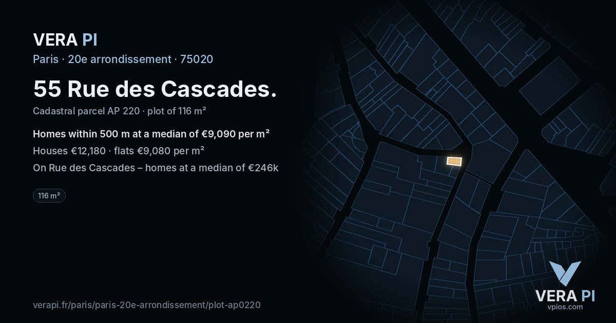 55 Rue des Cascades, 20e arrondissement at night – the plot lit, the parcels around coloured by the prices near them