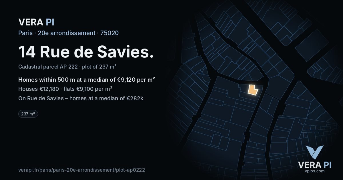 14 Rue de Savies, 20e arrondissement at night – the plot lit, the parcels around coloured by the prices near them
