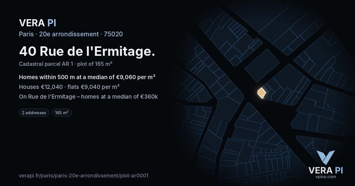 40 Rue de l'Ermitage, 20e arrondissement at night – the plot lit, the parcels around coloured by the prices near them