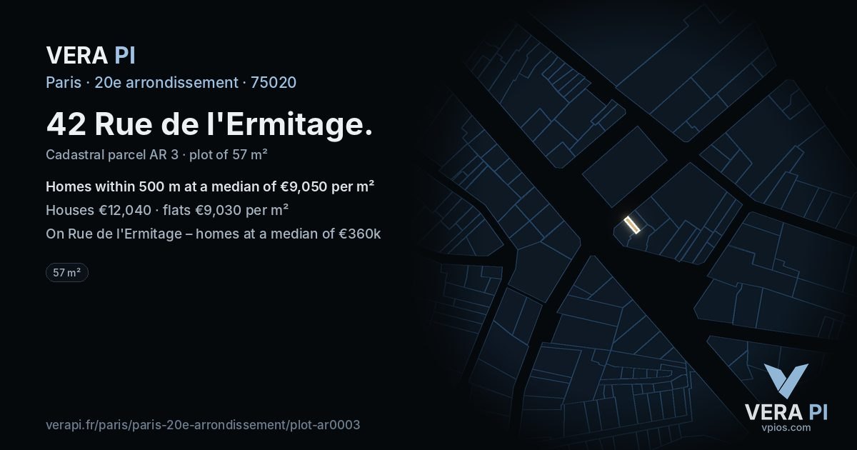 42 Rue de l'Ermitage, 20e arrondissement at night – the plot lit, the parcels around coloured by the prices near them