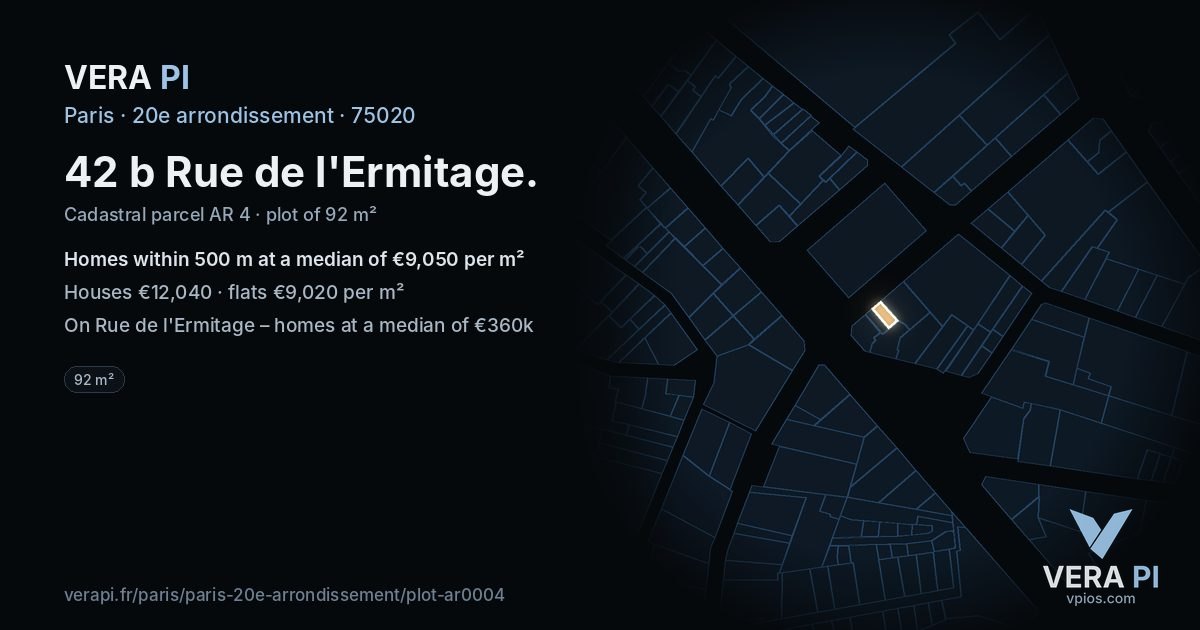 42 b Rue de l'Ermitage, 20e arrondissement at night – the plot lit, the parcels around coloured by the prices near them