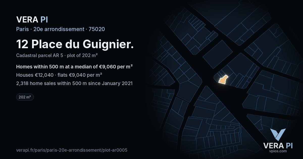 12 Place du Guignier, 20e arrondissement at night – the plot lit, the parcels around coloured by the prices near them