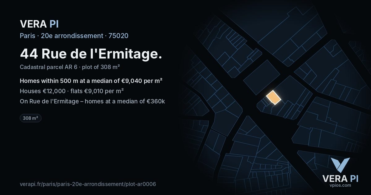 44 Rue de l'Ermitage, 20e arrondissement at night – the plot lit, the parcels around coloured by the prices near them