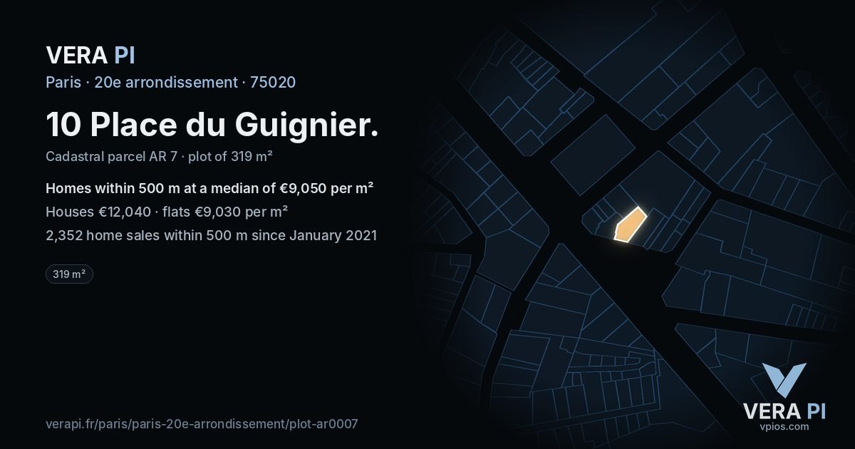 10 Place du Guignier, 20e arrondissement at night – the plot lit, the parcels around coloured by the prices near them