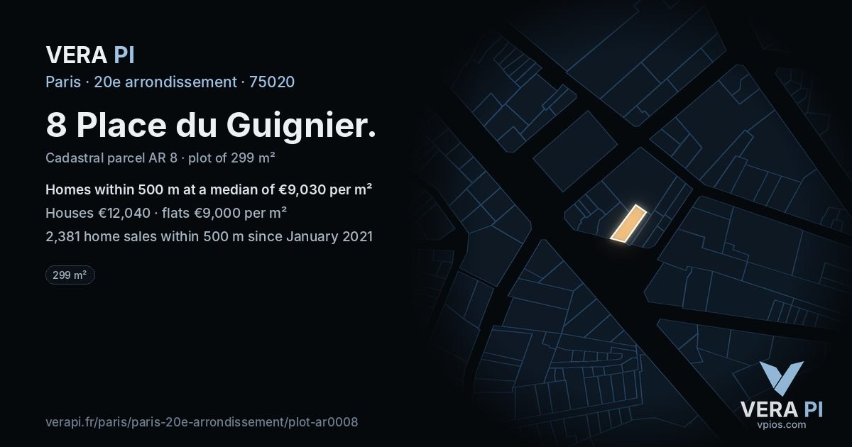 8 Place du Guignier, 20e arrondissement at night – the plot lit, the parcels around coloured by the prices near them