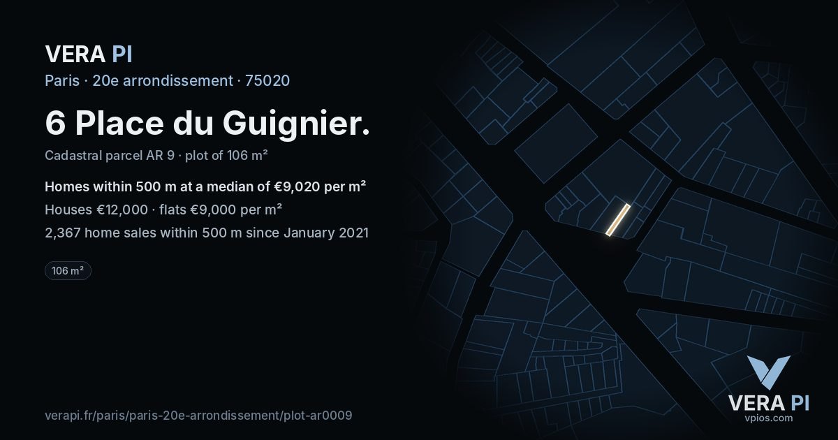 6 Place du Guignier, 20e arrondissement at night – the plot lit, the parcels around coloured by the prices near them