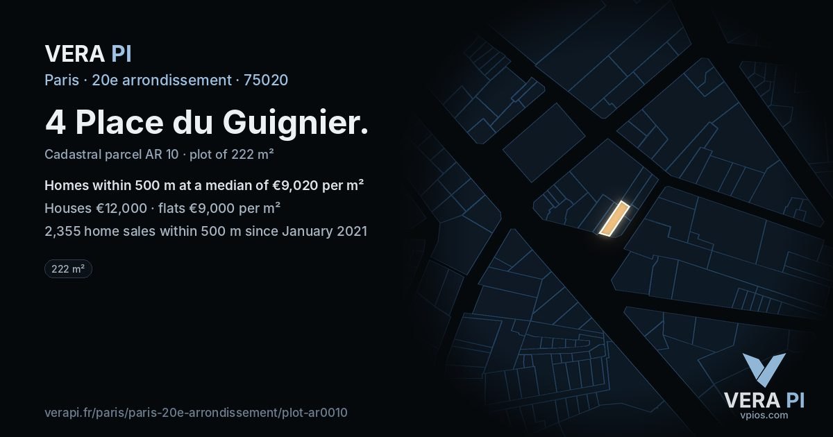 4 Place du Guignier, 20e arrondissement at night – the plot lit, the parcels around coloured by the prices near them