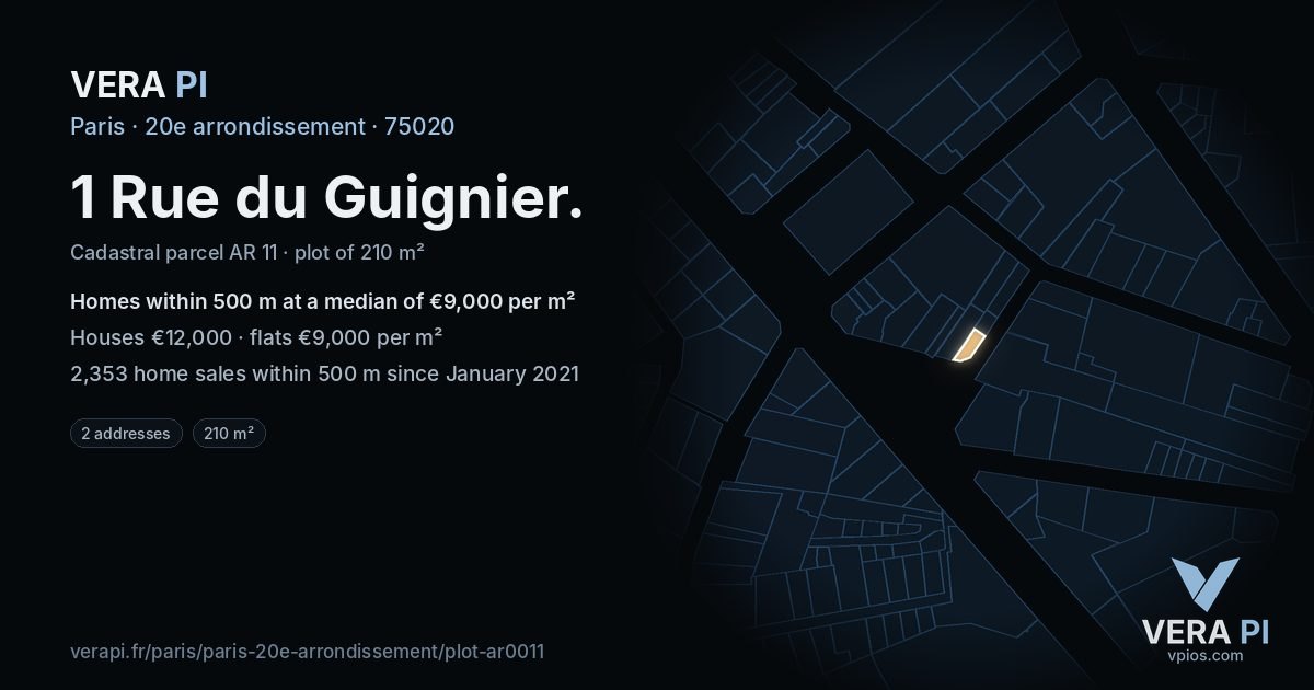 1 Rue du Guignier, 20e arrondissement at night – the plot lit, the parcels around coloured by the prices near them