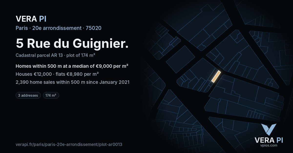 5 Rue du Guignier, 20e arrondissement at night – the plot lit, the parcels around coloured by the prices near them