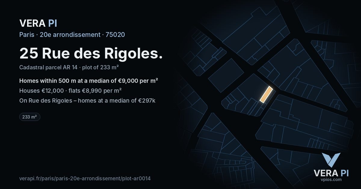 25 Rue des Rigoles, 20e arrondissement at night – the plot lit, the parcels around coloured by the prices near them