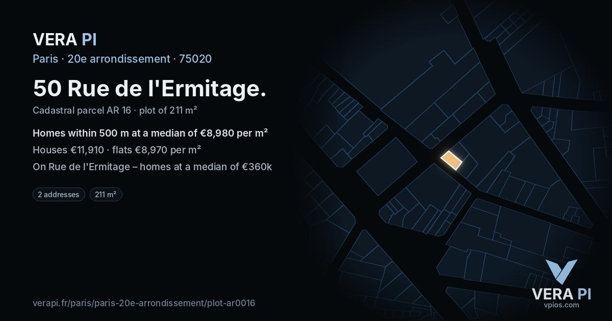 50 Rue de l'Ermitage, 20e arrondissement at night – the plot lit, the parcels around coloured by the prices near them