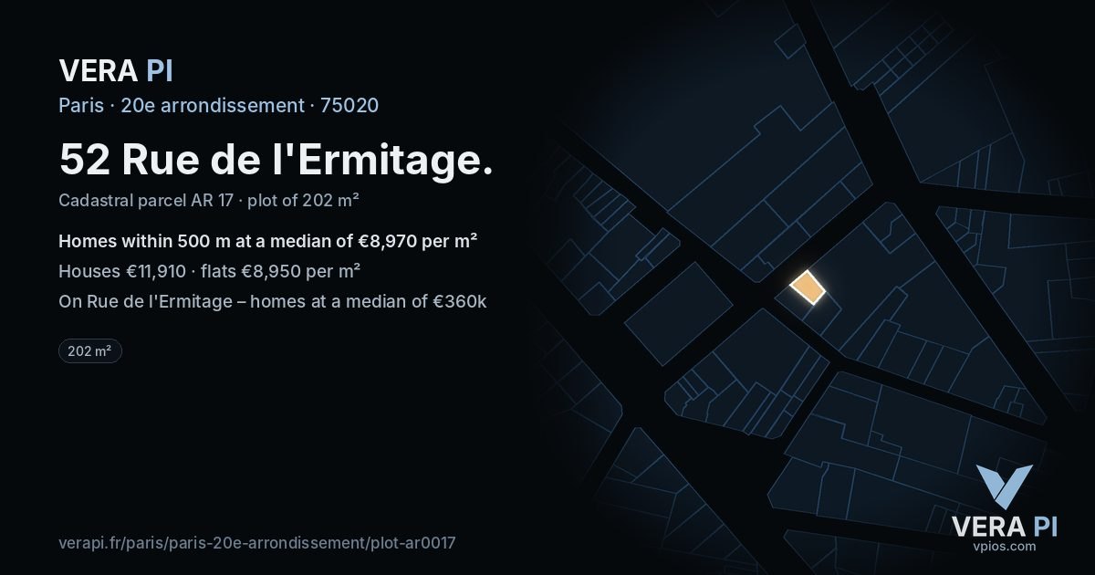 52 Rue de l'Ermitage, 20e arrondissement at night – the plot lit, the parcels around coloured by the prices near them