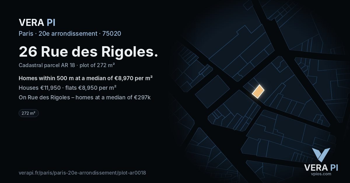 26 Rue des Rigoles, 20e arrondissement at night – the plot lit, the parcels around coloured by the prices near them