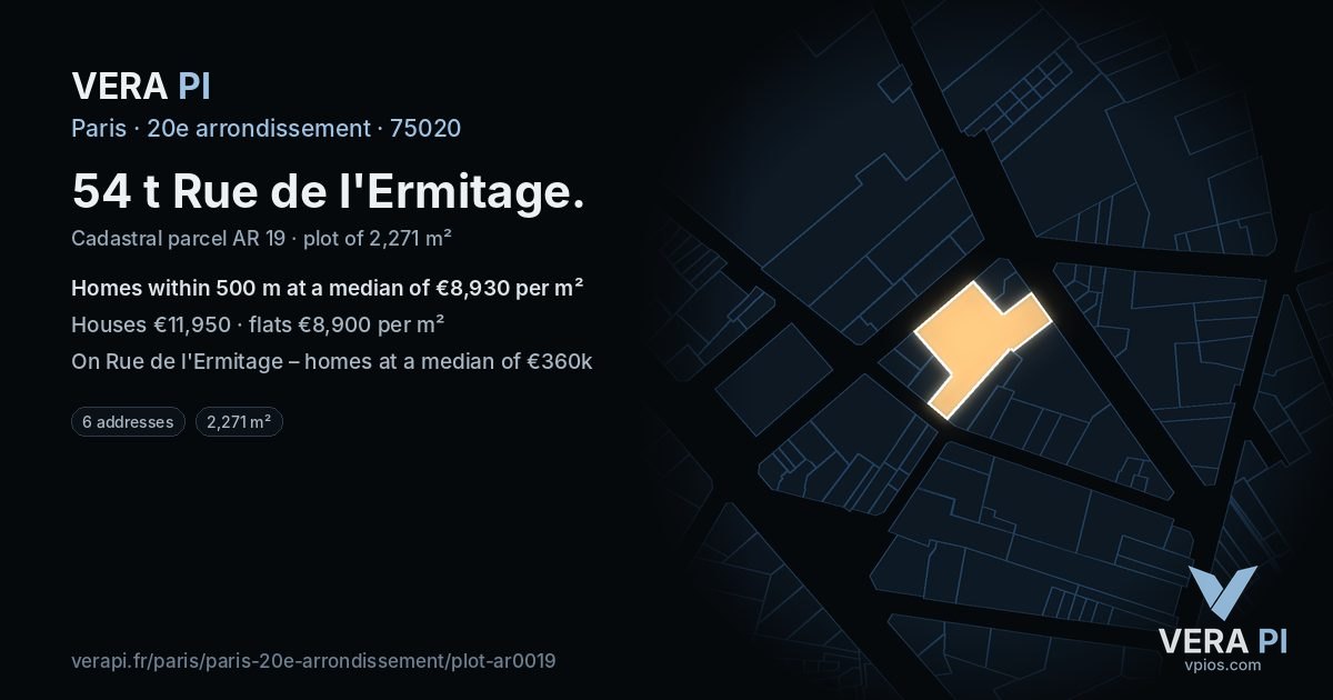 54 t Rue de l'Ermitage, 20e arrondissement at night – the plot lit, the parcels around coloured by the prices near them