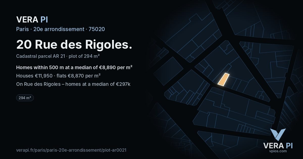 20 Rue des Rigoles, 20e arrondissement at night – the plot lit, the parcels around coloured by the prices near them