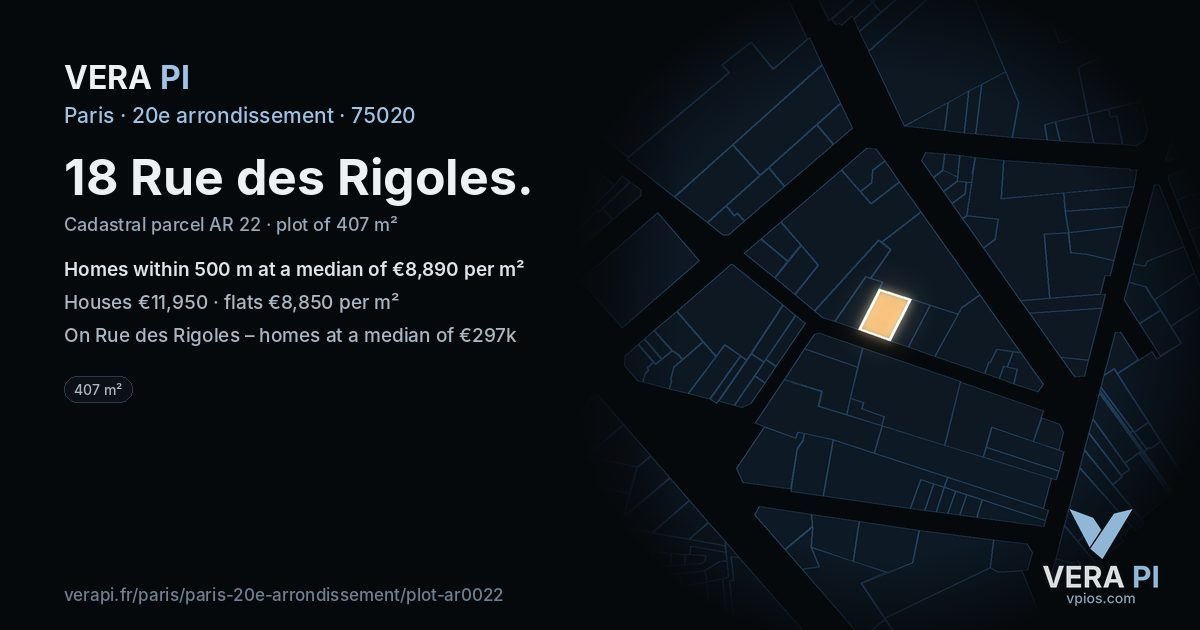 18 Rue des Rigoles, 20e arrondissement at night – the plot lit, the parcels around coloured by the prices near them