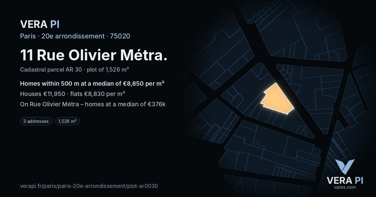 11 Rue Olivier Métra, 20e arrondissement at night – the plot lit, the parcels around coloured by the prices near them