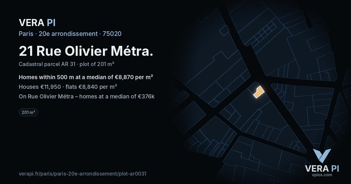 21 Rue Olivier Métra, 20e arrondissement at night – the plot lit, the parcels around coloured by the prices near them