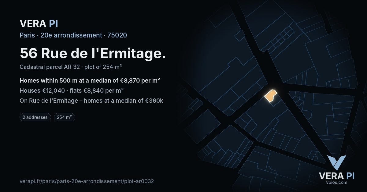 56 Rue de l'Ermitage, 20e arrondissement at night – the plot lit, the parcels around coloured by the prices near them