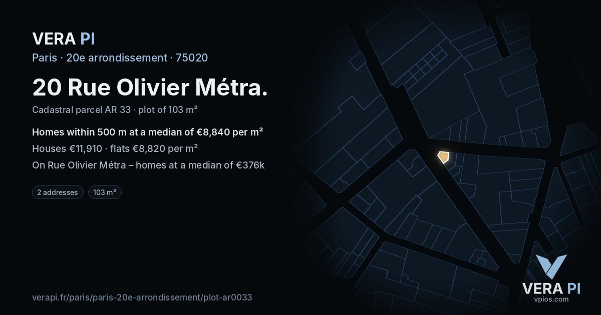 20 Rue Olivier Métra, 20e arrondissement at night – the plot lit, the parcels around coloured by the prices near them