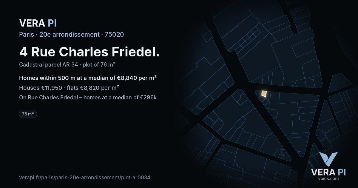 4 Rue Charles Friedel, 20e arrondissement at night – the plot lit, the parcels around coloured by the prices near them