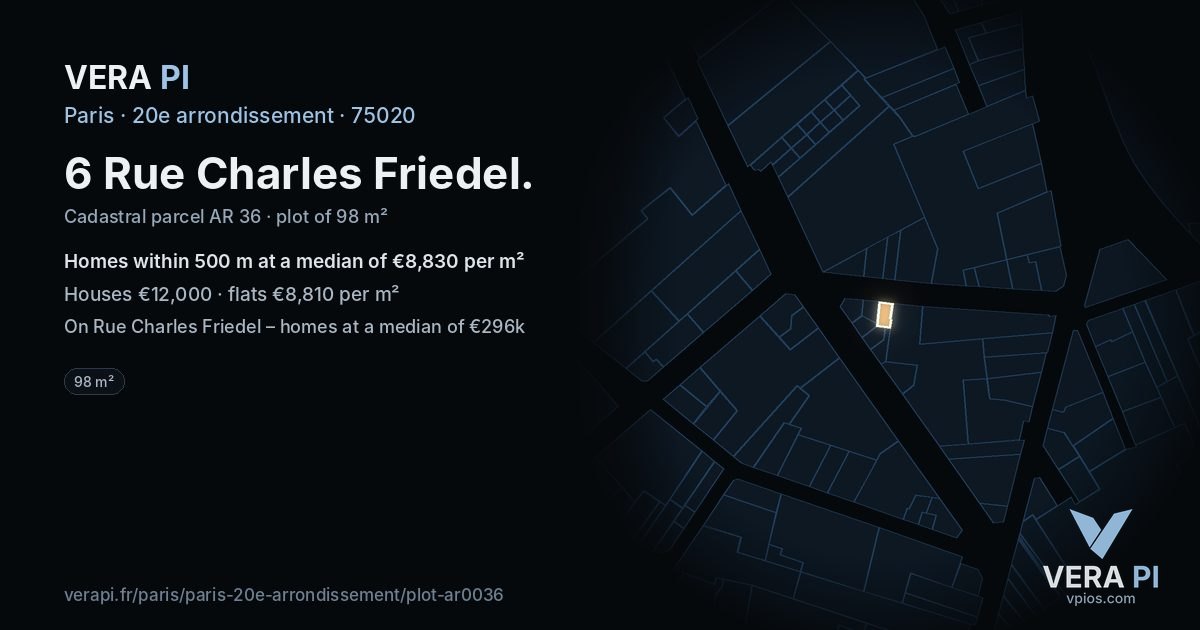 6 Rue Charles Friedel, 20e arrondissement at night – the plot lit, the parcels around coloured by the prices near them