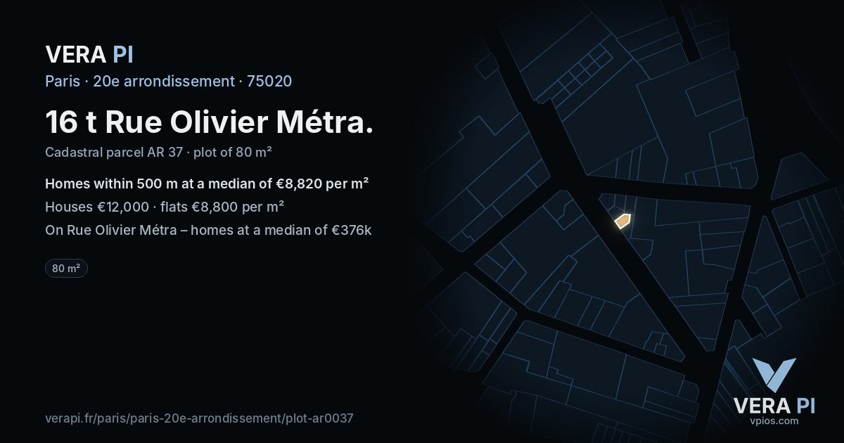 16 t Rue Olivier Métra, 20e arrondissement at night – the plot lit, the parcels around coloured by the prices near them