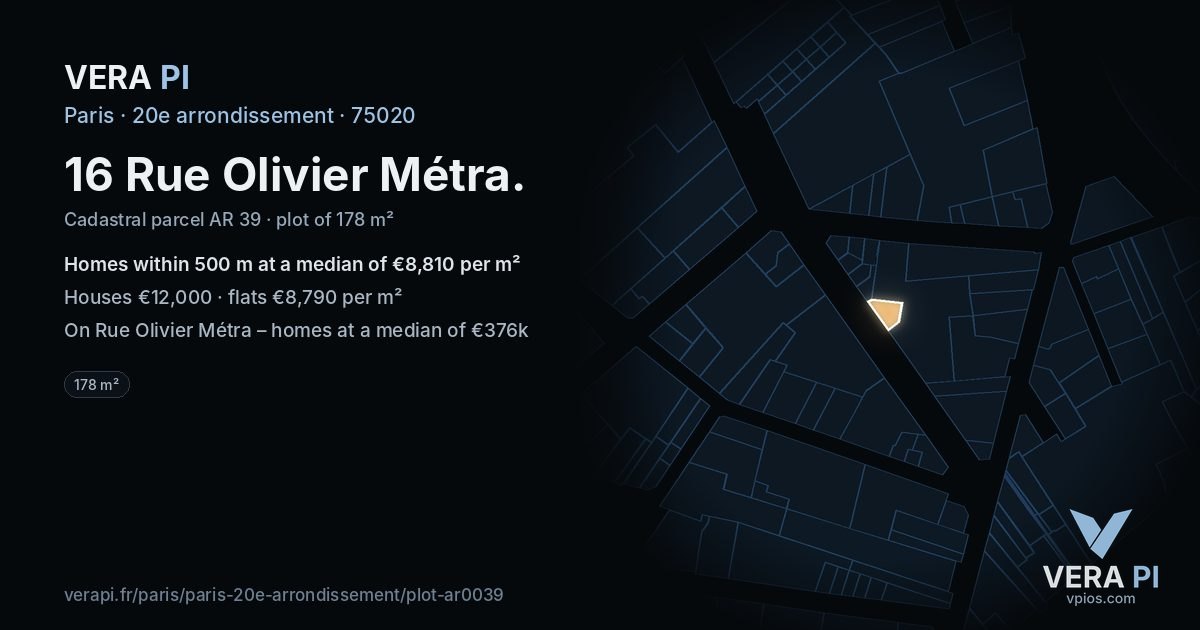16 Rue Olivier Métra, 20e arrondissement at night – the plot lit, the parcels around coloured by the prices near them