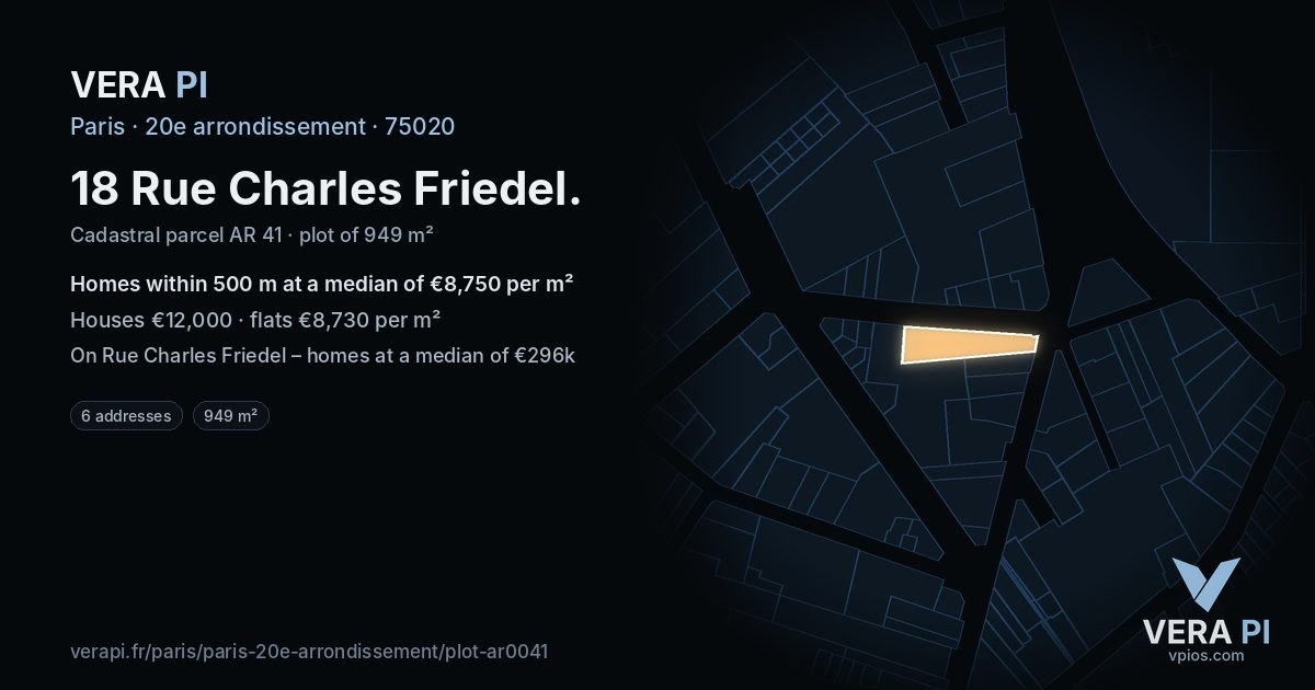 18 Rue Charles Friedel, 20e arrondissement at night – the plot lit, the parcels around coloured by the prices near them