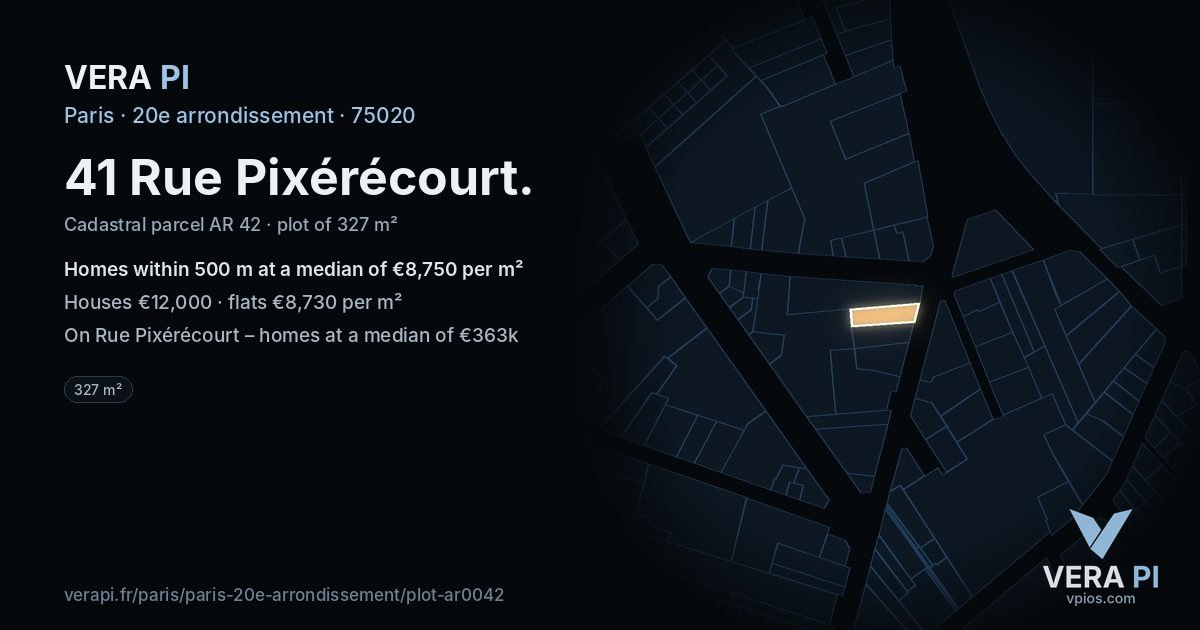 41 Rue Pixérécourt, 20e arrondissement at night – the plot lit, the parcels around coloured by the prices near them