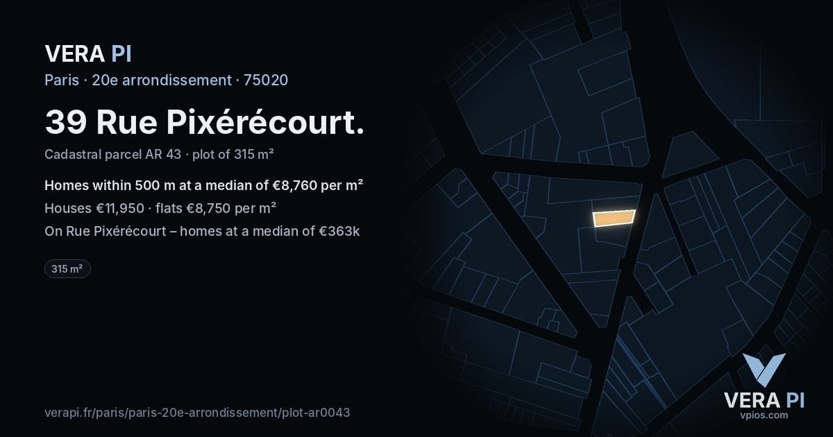 39 Rue Pixérécourt, 20e arrondissement at night – the plot lit, the parcels around coloured by the prices near them