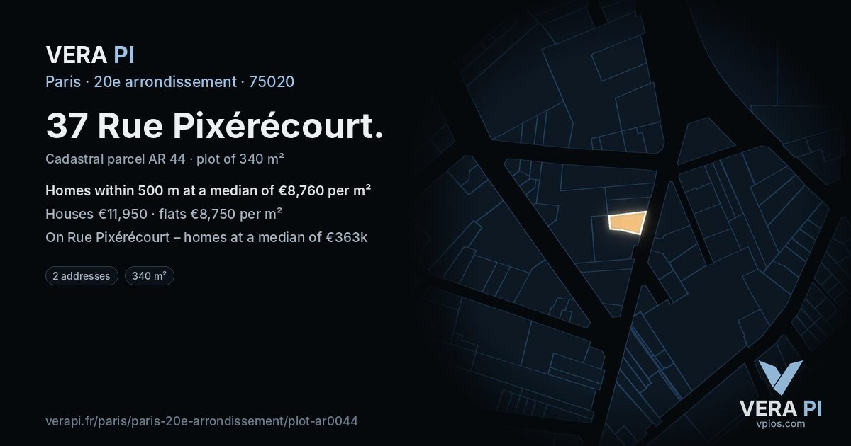 37 Rue Pixérécourt, 20e arrondissement at night – the plot lit, the parcels around coloured by the prices near them