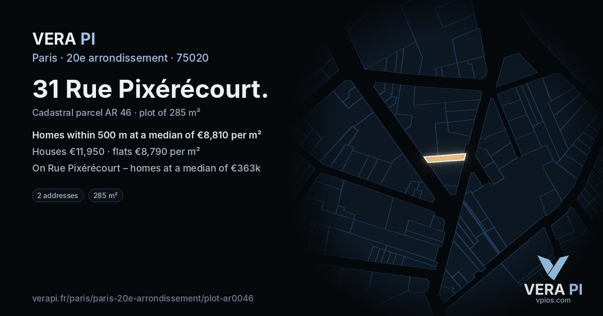 31 Rue Pixérécourt, 20e arrondissement at night – the plot lit, the parcels around coloured by the prices near them