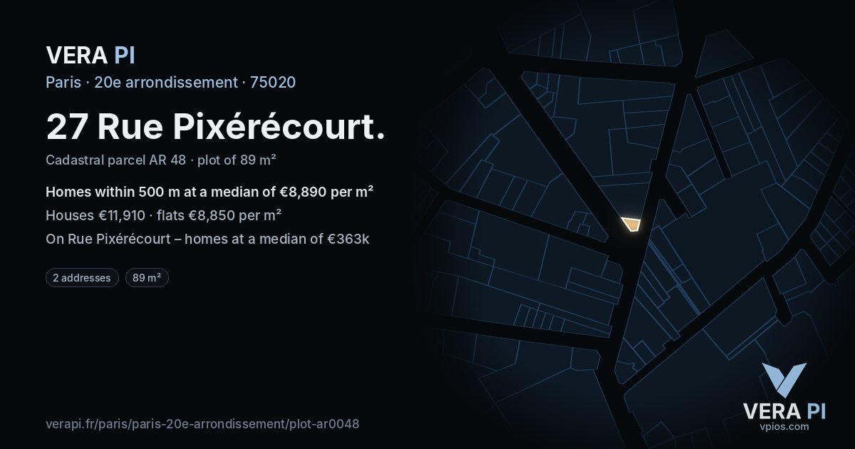 27 Rue Pixérécourt, 20e arrondissement at night – the plot lit, the parcels around coloured by the prices near them