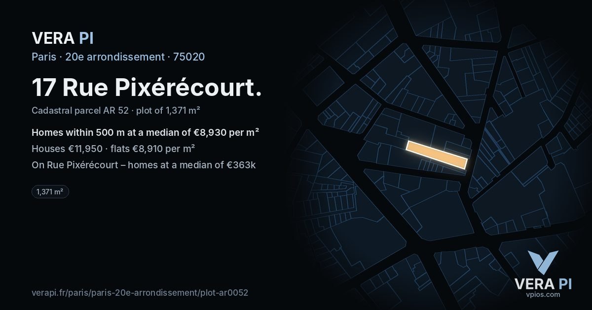 17 Rue Pixérécourt, 20e arrondissement at night – the plot lit, the parcels around coloured by the prices near them